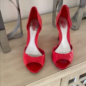 Gucci Women's Red Peep-Toe Heels, see closeups, size 39.5